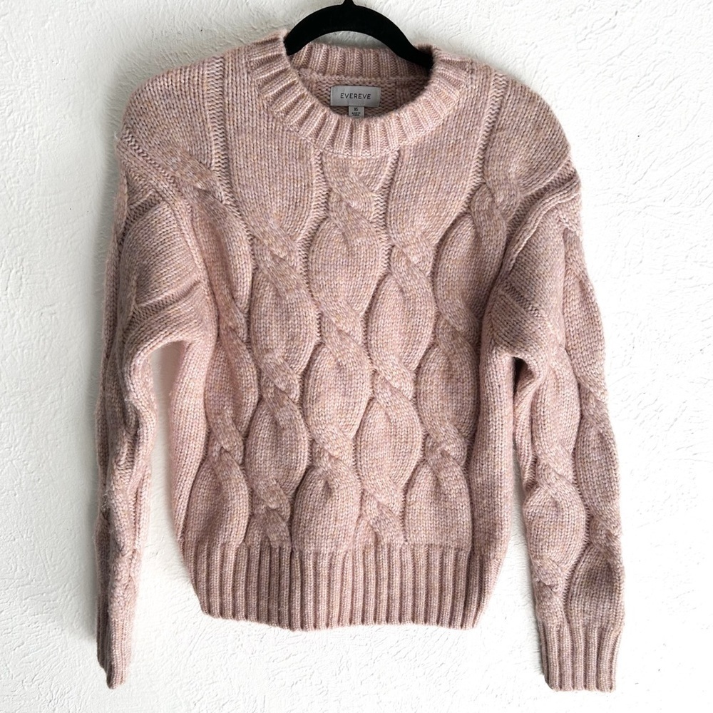 Evereve Wool Blend Chunky Cable-Knit Pullover Sweater Pink Marbled Sz XS